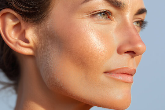Young woman close up cheekbone with warm sunlight highlighting natural skin texture and soft glow