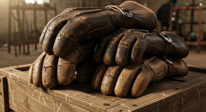 Pile of Cracked Vintage Leather Gloves on Wooden Surface