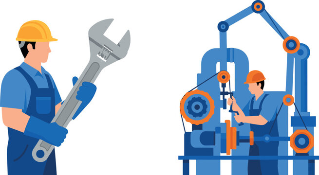 Illustration of Worker with Wrench and Mechanic Operating Machinery for Construction, Repair, and Engineering Design Projects