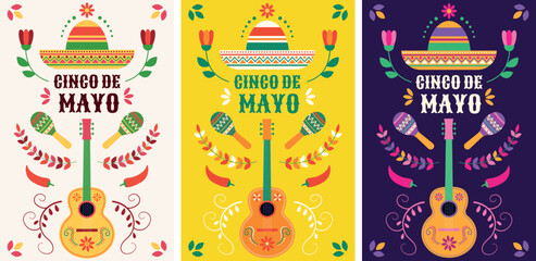 Fototapeta premium Set of vertical vector posters for Cinco de Mayo featuring sombreros, maracas, and a guitar