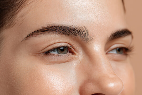 Close up of subtle eye strain under soft beige light showing natural eyebrow texture, smooth skin, delicate eyelashes and focused gaze expressing calm concentration and gentle tiredness
