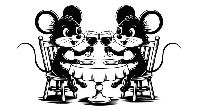 Two cartoon mice toasting with wine glasses at a table illustration celebration excitement friendship