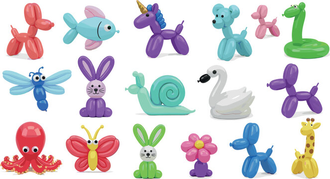 Balloon Animals Illustration Set Featuring Various Shapes and Colors for Party, Fun, and Event Design Projects
