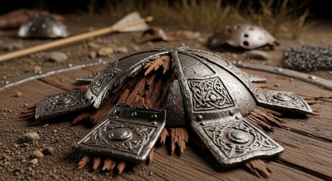 Damaged Medieval Shield Boss with Wood Fragments