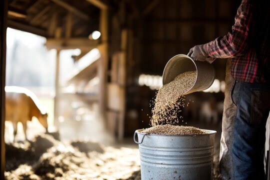 Farmer pours feed into bucket during daily livestock care in barn throughout morning routine