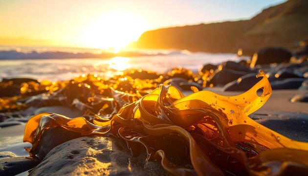 Giant Brown Kelp Seaweed Washed Ashore on Rocky Beach at Golden Hour
