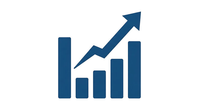 Blue upward trending line chart with bars on white background, graph