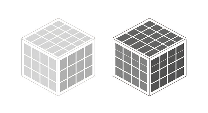 Isometric view of two stacked wireframe cubes with geometric patterns, white and gray color scheme grid