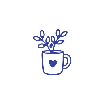 Hand drawn doodle of a cup with a plant and a heart icon.