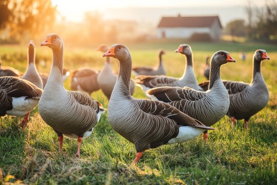 Flock of domestic geese walking on a sunny meadow near a farmhouse during evening hours