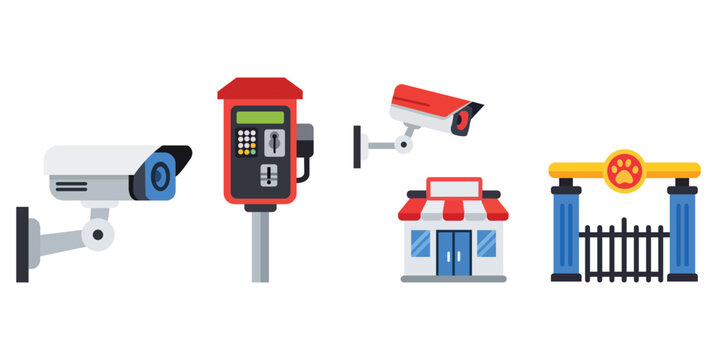 Surveillance Equipment Set: A collection of various security cameras, a parking meter, a small business building, and a decorative entrance gate, symbolizing safety, monitoring, and controlled access.