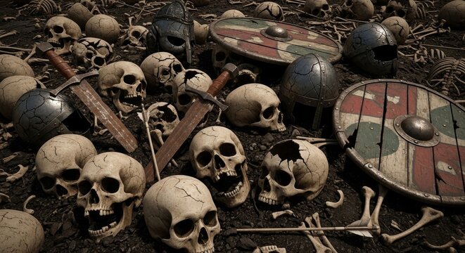Scattered human skulls and weathered armor after battle