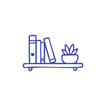 Hand drawn illustration of a shelf with books and a small potted plant.