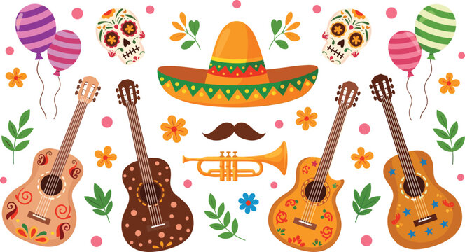 Colorful Mexican fiesta vector set with guitar, sombrero, sugar skull, trumpet, balloon, mustache and flower Cinco de Mayo celebration decoration collection