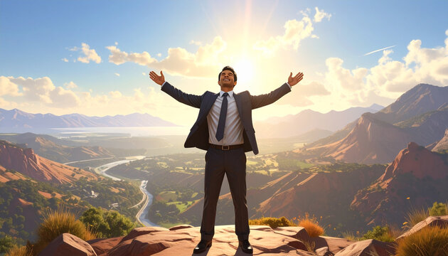 Businessman standing with arms wide open on mountain peak welcoming concept with landscape