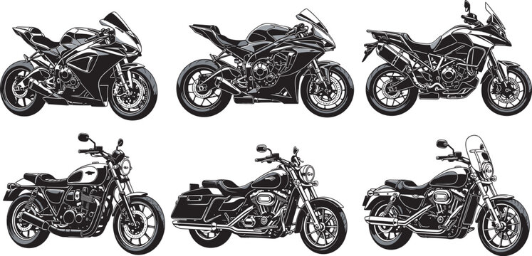 Sport and cruiser motorcycle silhouette collection, detailed bike design comparison, classic touring motorbike artwork, high performance riding concept, flat vector illustration
