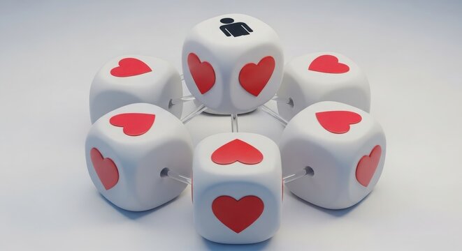 Cute dice with heart faces arranged in a pyramid shape