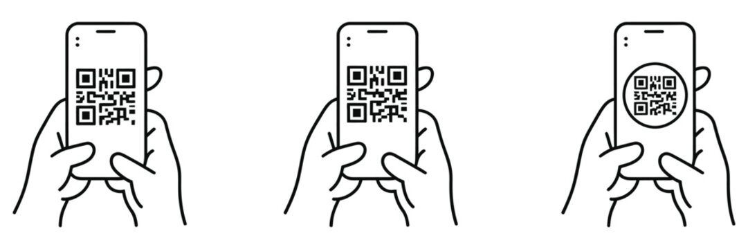 qr code scanning in smartphone hand holding mobile phone barcode scanner for pay mobile app web icon sheet vector illustration, modern digital payment technology concept