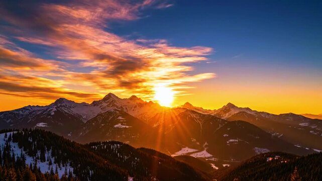 a golden sunrise over mountains with smooth cloud drift 