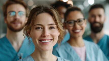 Obraz premium Caring Healthcare Heroes: A confident group of dedicated healthcare professionals, united in their mission to serve, smiles brightly, embodying compassion and expertise.