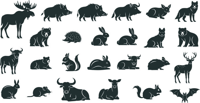 Woodland animal silhouette illustration, moose boar wolf bear hedgehog rabbit squirrel bull deer mouse bat