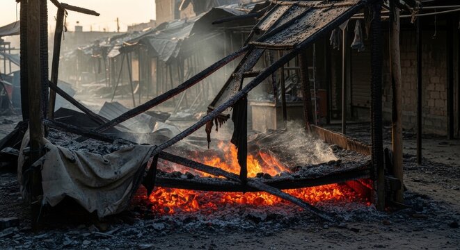Glowing Embers Within Charred Building Ruins