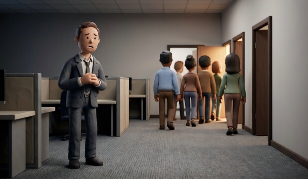 Shocked executive left behind as diverse employees walk away through doors, high turnover and mass resignation concept, 3d clay animation style