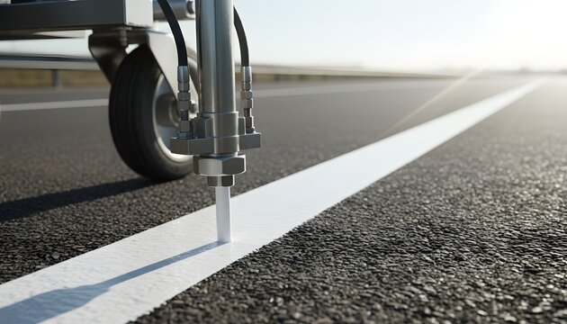 Close up of a road line painting machine applying fresh white paint to asphalt for a road safety and infrastructure maintenance concept in high quality detail