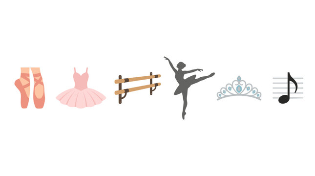 vector Elegant ballet essentials displayed, featuring pointe shoes, a tutu, barre, dancer silhouette, tiara, and music note.