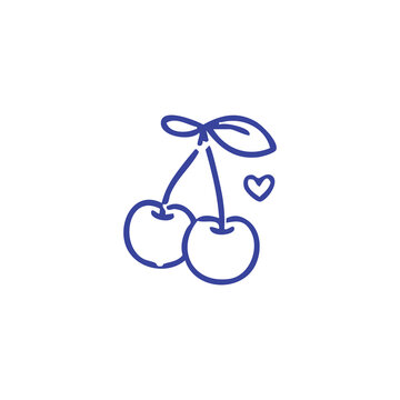 Cute hand drawn doodle of a pair of cherries with a small heart icon.