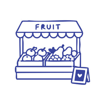 Hand drawn doodle illustration of a fruit stand with fresh produce.