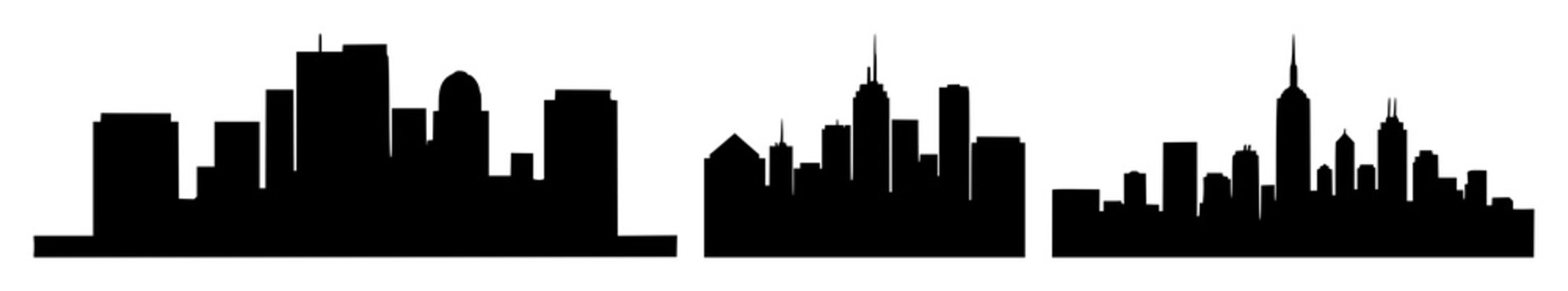 City skyline house icon set with solid black silhouette on white background featuring lines, architectural outline, minimalist style with urban and residential design