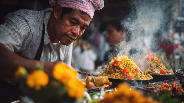 Master Chef at Work: A seasoned chef, donned in traditional attire, meticulously crafts a culinary masterpiece, steaming with tantalizing flavors and aromatic scents, reflecting culinary artistry.