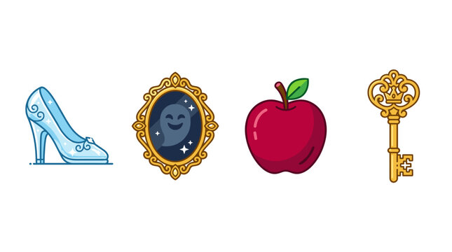 vector Iconic fairytale objects, including a glass slipper, a magic mirror with a face, an apple, and a golden key.
