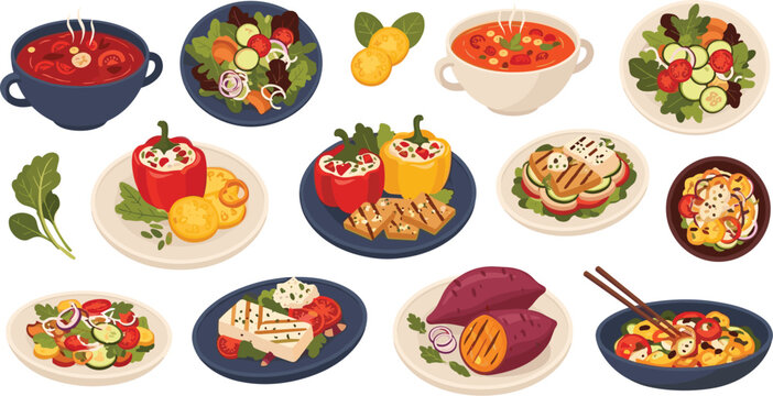Healthy Food and Salad Dishes Collection with Fresh Vegetables Soup and Snacks Balanced Diet Flat Vector Illustration
