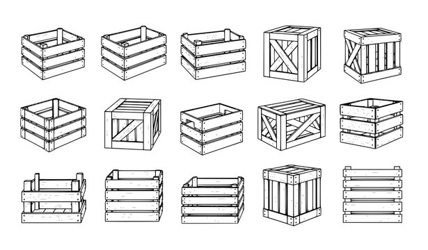 Wooden crate outline icon collection with storage and shipping boxes editable stroke vector