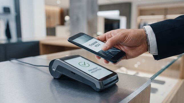 Contactless mobile payment transaction using smartphone at point of sale terminal, customer paying with NFC technology, digital wallet, cashless shopping experience, modern
