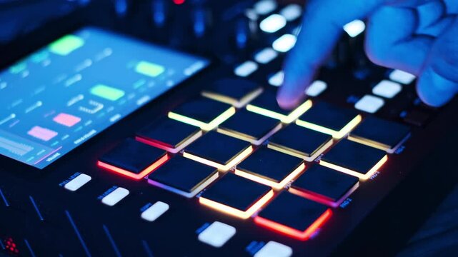 Close-up of a music producer hand tapping illuminated pads on a red digital drum machine sampler. Concept of electronic music production, creativity, beatmaking, and audio recording.
