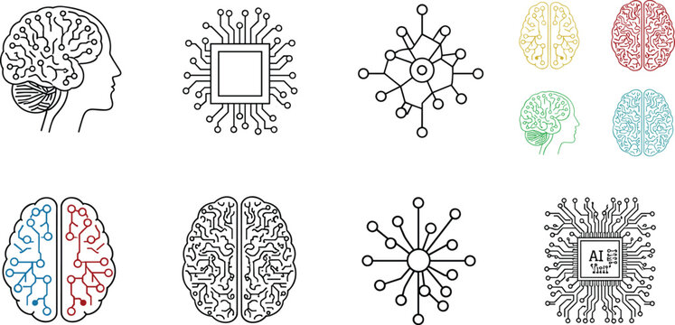 Artificial intelligence brain and technology vector set with circuit chip neural network human mind colorful outline AI digital innovation icon collection