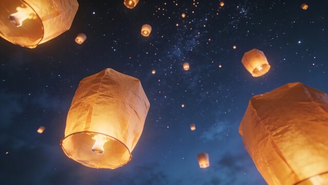 Floating lanterns rising in a deep blue night sky, creating a peaceful spiritual atmosphere with warm glowing light and cinematic contrast.