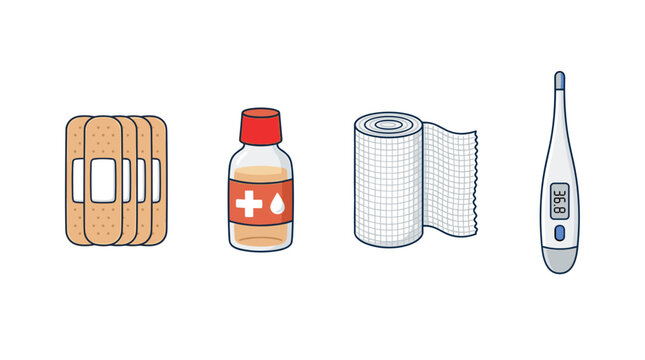 vector A collection of essential first aid and medical supplies including bandages, medicine, and a thermometer.