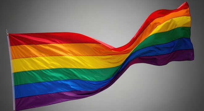 Vibrant rainbow flag waving in the wind on a gray background symbolizing diversity and inclusivity