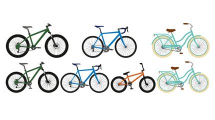 Obraz premium vector An organized collection of six diverse bicycles showcasing mountain, road, BMX, and cruiser styles.