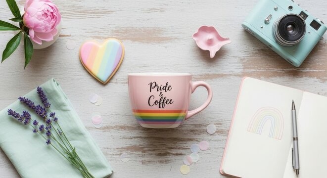 Pride and coffee themed still life with rainbow cookie and camera on wooden table
