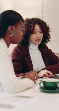 Laptop, meeting and team with business women in office for brand awareness, discussion and project. Target audience research, collaboration and social media marketing with employee in creative agency