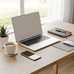 Fototapeta premium Modern laptop on a clean office desk with coffee and notebook