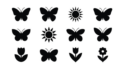 Collection of minimalist vector icons featuring butterflies flowers and suns in black silhouette on white background © Shovon