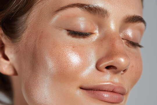 Radiant hydrated skin close up glowing cheek with soft reflected light and relaxed expression