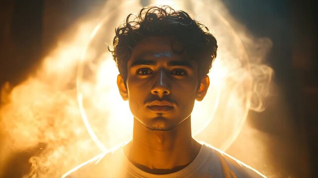 A young man with dark curly hair and a bindi, glows in the warm light