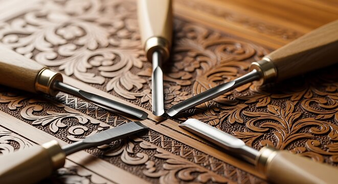 Assortment of wood carving chisels arranged on carved wood